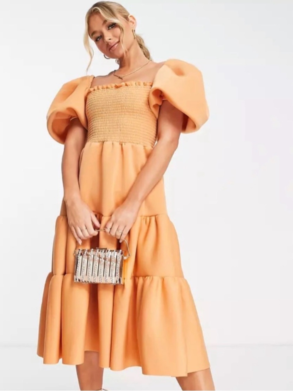 ASOS Peach Tiered Puff-Sleeve Midi Dress